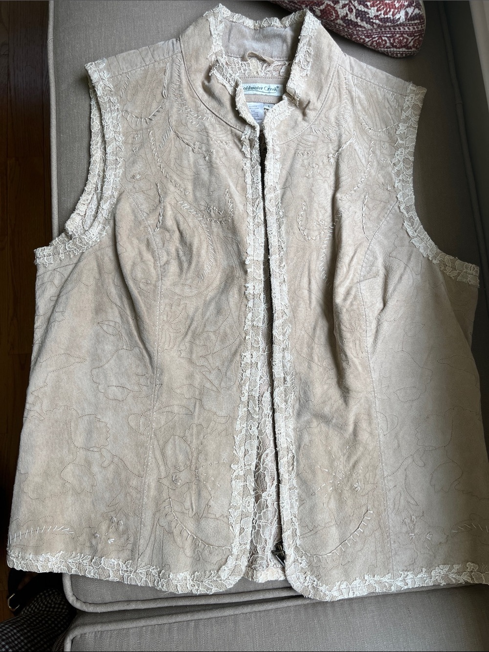 Western Leather Suede Vest Lace Embroidered LARGE